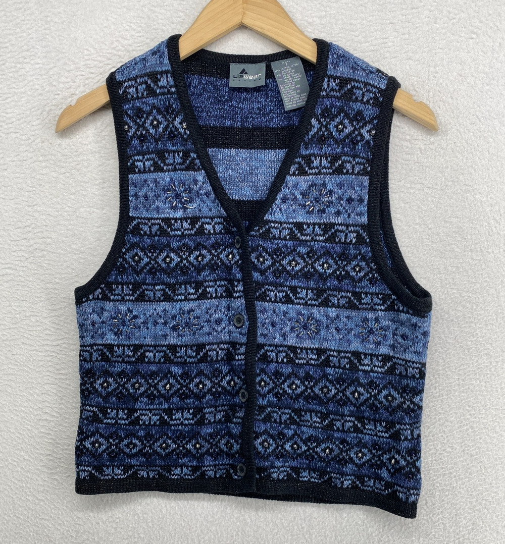 LIZWEAR Sweater P Petite Beaded Fair Isle Vest Button Up Cotton Blend Blue VTG